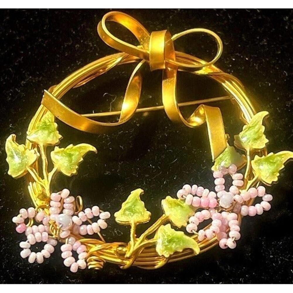Vintage Wire Wreath Round Brooch with Bow  Purple Seed Bead Flowers Gold Tone